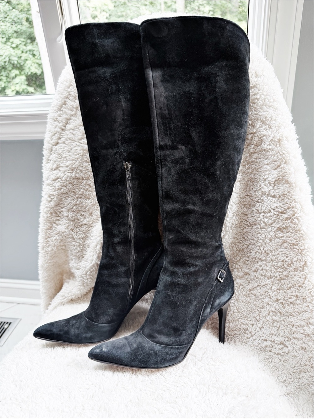 Black Suede Knee-High Stiletto Boots